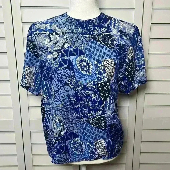 Oscar de la Renta 100% Silk Short Sleeve Floral Top Size Small - Picture 1 of 7
